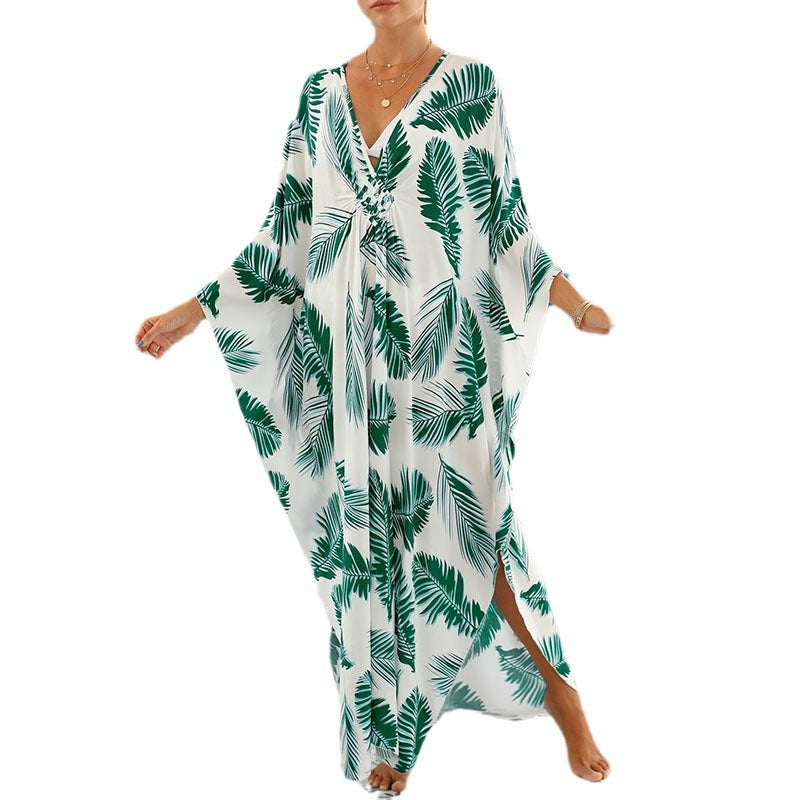 Printed Chest Knitted Beach Cover Up Loose Oversized Vacation Sun Protection Shirt Bikini Cover Up