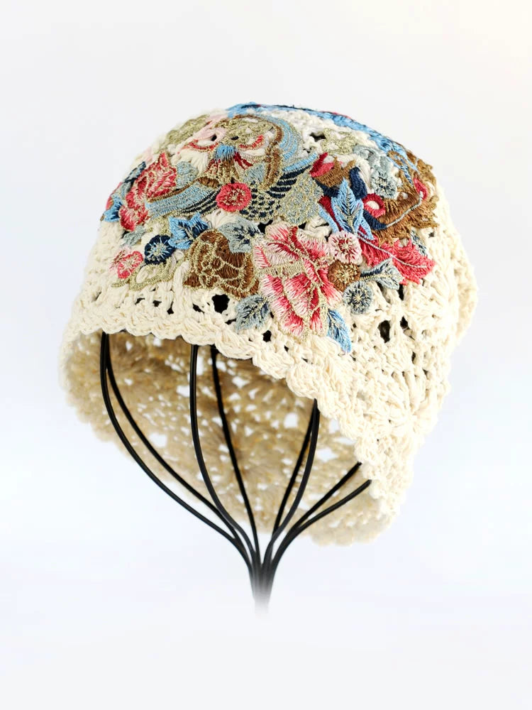 Ethnic Style Phoenix Embroidery Women's Headscarf Cover White Autumn Hat Hollow Knitting Heap Headscarf Woven Hat