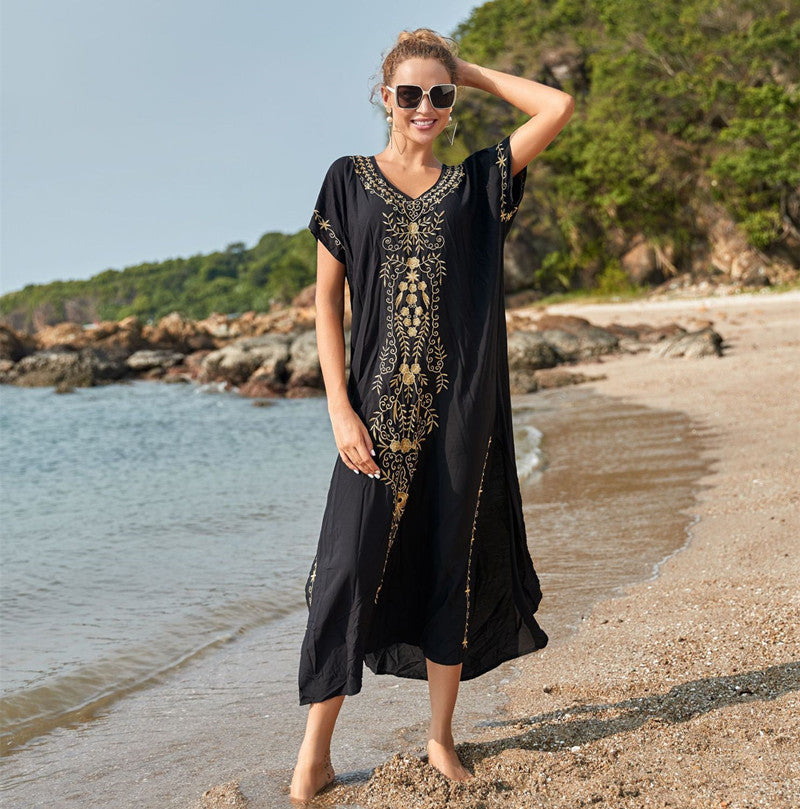 Artificial Cotton Embroidered Beach Cover Up, Long Robe Style Embroidered Dress, Beach Bikini Sun Protection Cover Up