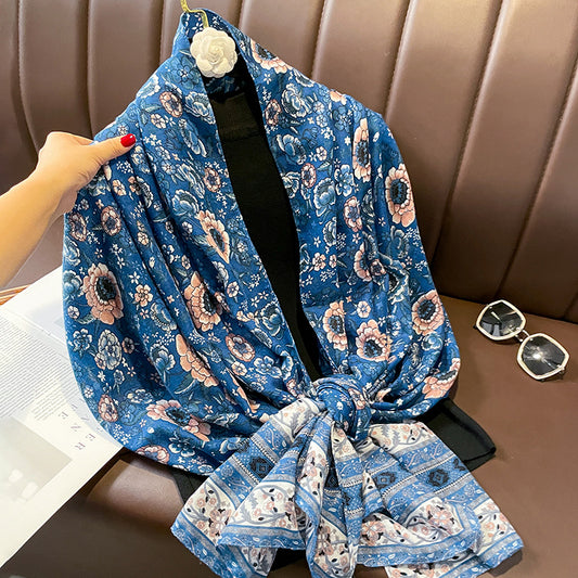 Ethnic Style Spring and Autumn New Blue Cotton Hemp Feel Thin Scarf with Flower Splice Fragmented Flower Retro Versatile Shawl