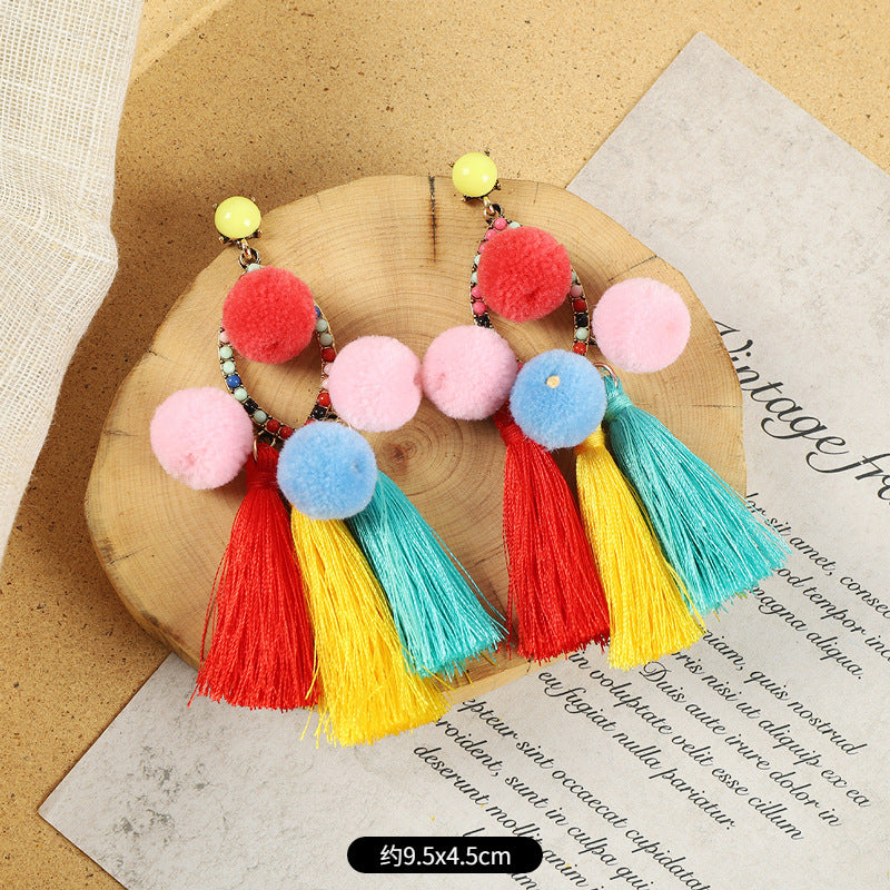 Ethnic Style Plush Ball Earrings Vintage Bohemian Long Personalized Colorful Plush Ball Earrings Holiday Tassel Earrings