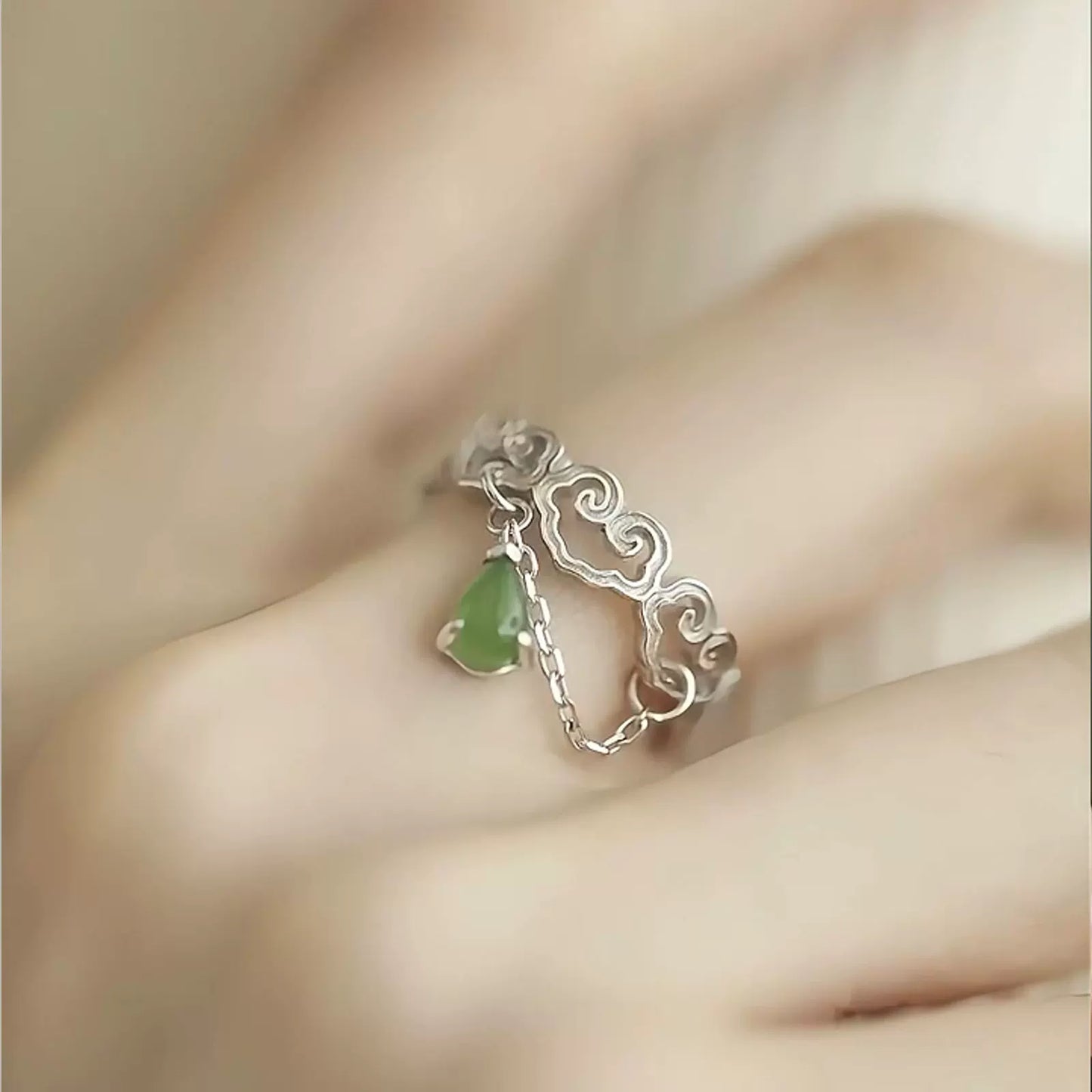 Jasper Water Drop Ring 925 Silver Women's Niche High-end Light Luxury Love Hollow Flower Carving Open Index Finger Ring