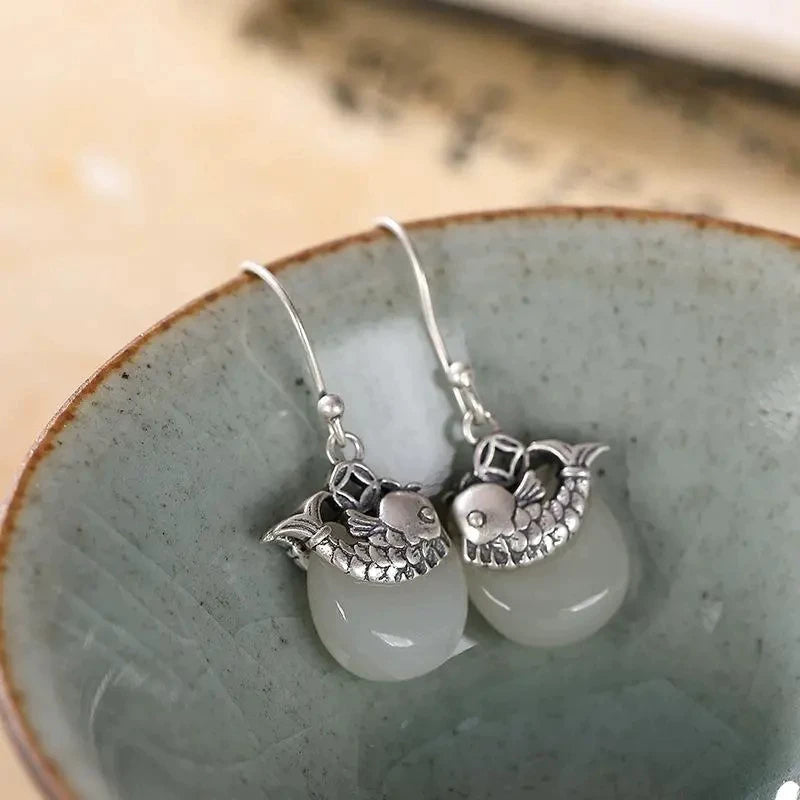 925 Silver Needle White Jade Retro Ruyi Ping An Buckle Personalized Koi Fish Ladies Earrings