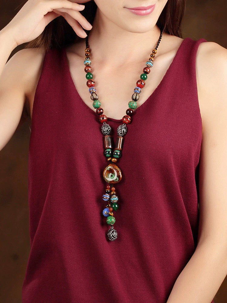 Ethnic Style High-end Ceramic Sweater Chain Women's Long Versatile Pendant Autumn and Winter Necklace 2023 New Jewelry Pendant