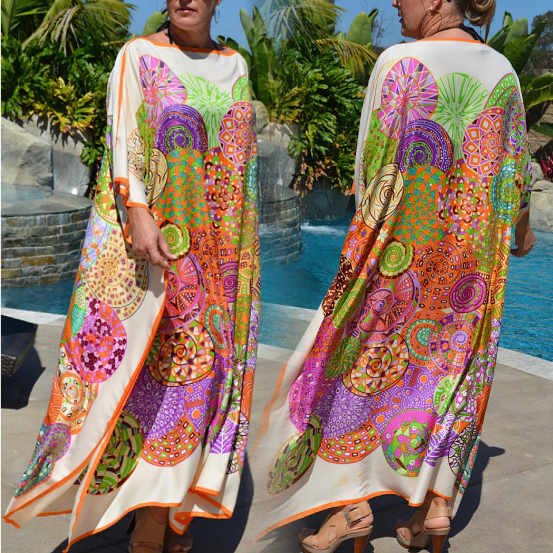 Printed Bohemian Dress Loose Plus Size Bat Sleeve Robe Bikini Blouse