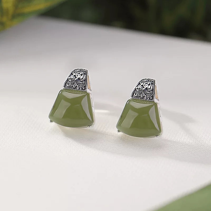 Vintage 925 Silver Tang Grass Pattern Fan-shaped Hetian Sapphire Stud Earrings Women's New Niche High-end Temperament Earrings