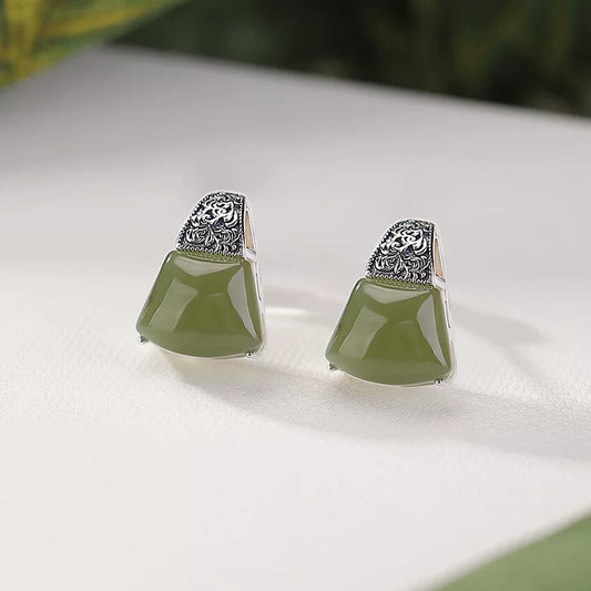 Vintage 925 Silver Tang Grass Pattern Fan-shaped Hetian Sapphire Stud Earrings Women's New Niche High-end Temperament Earrings