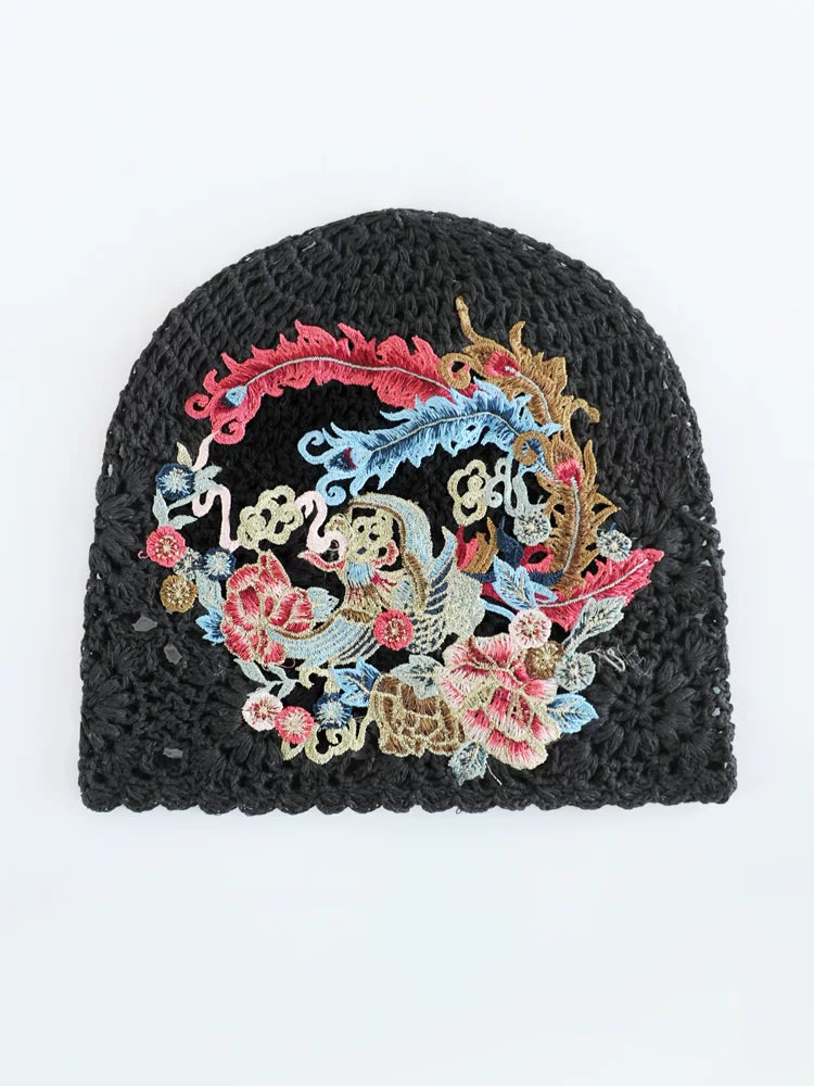 Ethnic Style Phoenix Embroidery Women's Headscarf Cover White Autumn Hat Hollow Knitting Heap Headscarf Woven Hat