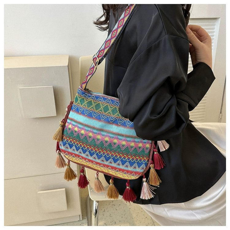 Small Fresh Ethnic Style Crossbody Bag for Women's New Fashion Versatile Wide Shoulder Strap Single Shoulder Bag Tassel Bucket Bag