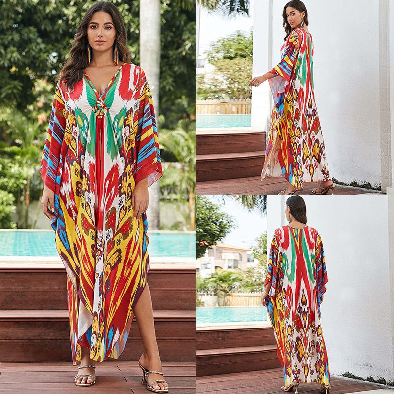 New Printed Chest Knitted Beach Cover Up Loose Oversized Vacation Sun Protection Shirt Bikini Cover Up