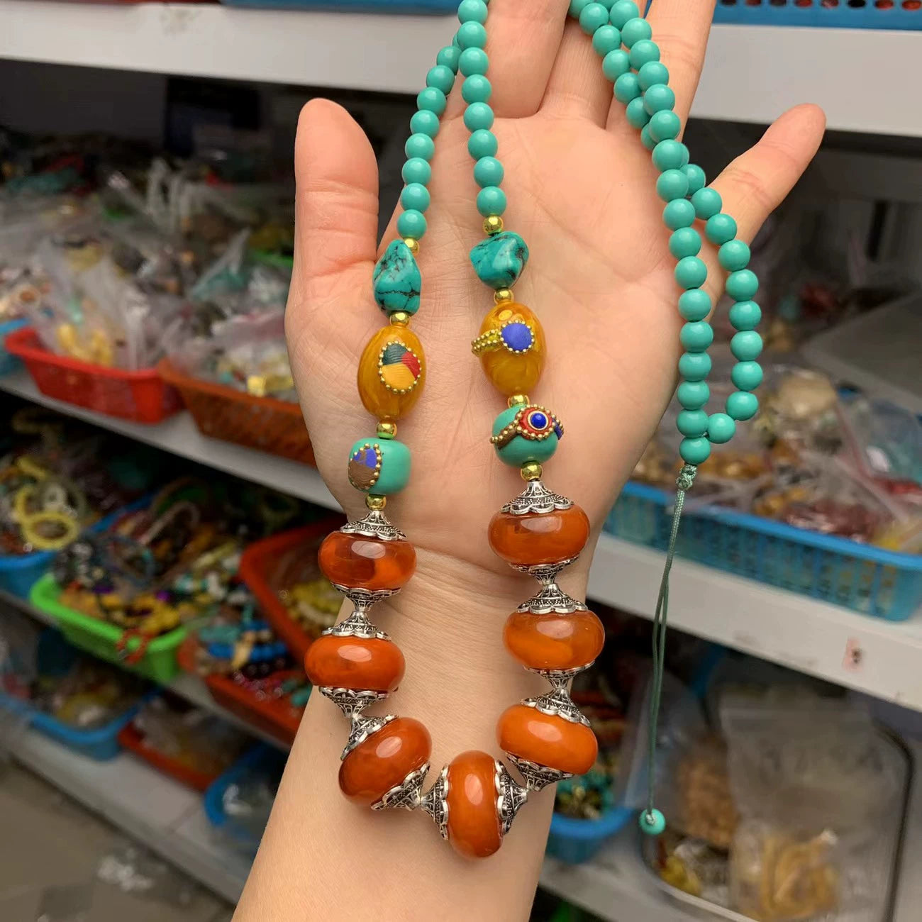New Tibetan Ethnic Style Handmade Beeswax Turquoise Inlaid Nepalese Accessories Neck Hanging Sweater Chain