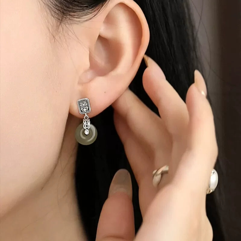 925 Silver Retro New Zakiram Hetian Jade Safety Buckle Earrings Copper Coins Women's Simple and High-end Sense Jewelry