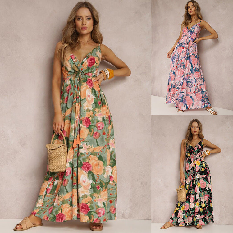 Spring/Summer New Fashion Print Sexy Dress with Deep V-shaped Sleeveless Backless Long Dress