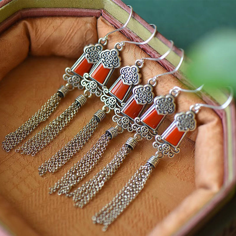 S925 Silver Tassel Earrings Female Literary Retro Knot Elegant National Style Exaggerated Long Earrings.