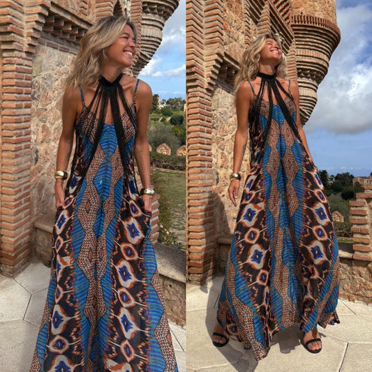 Summer New Positioning Printing Suspender Pendulum Dress