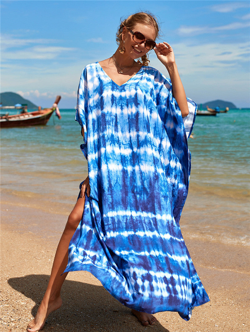 Hot Cotton Watermark Printed Beach Cover Up Robe Style Beach Vacation Sun Protection Bikini Cover Up