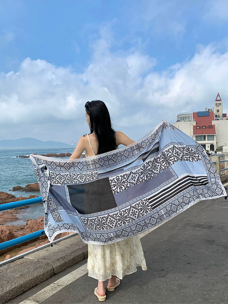 Fresh Green Ethnic Style Silk Scarf Women's Summer Sunscreen Dual-purpose Large Shawl Beach Towel Thin Cotton and Linen Scarf Yarn
