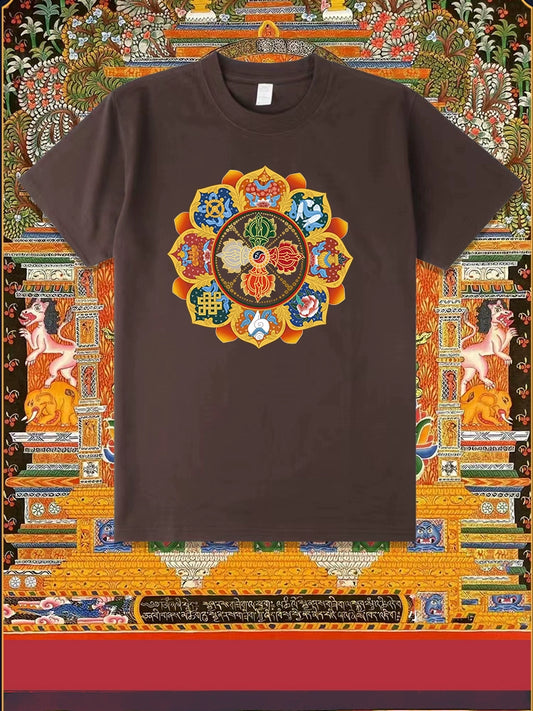 Diamond Pestle Babao New Printed Pure Cotton Mantra Wheel T-shirt Top, Buddhist Men's and Women's High-end Clothing