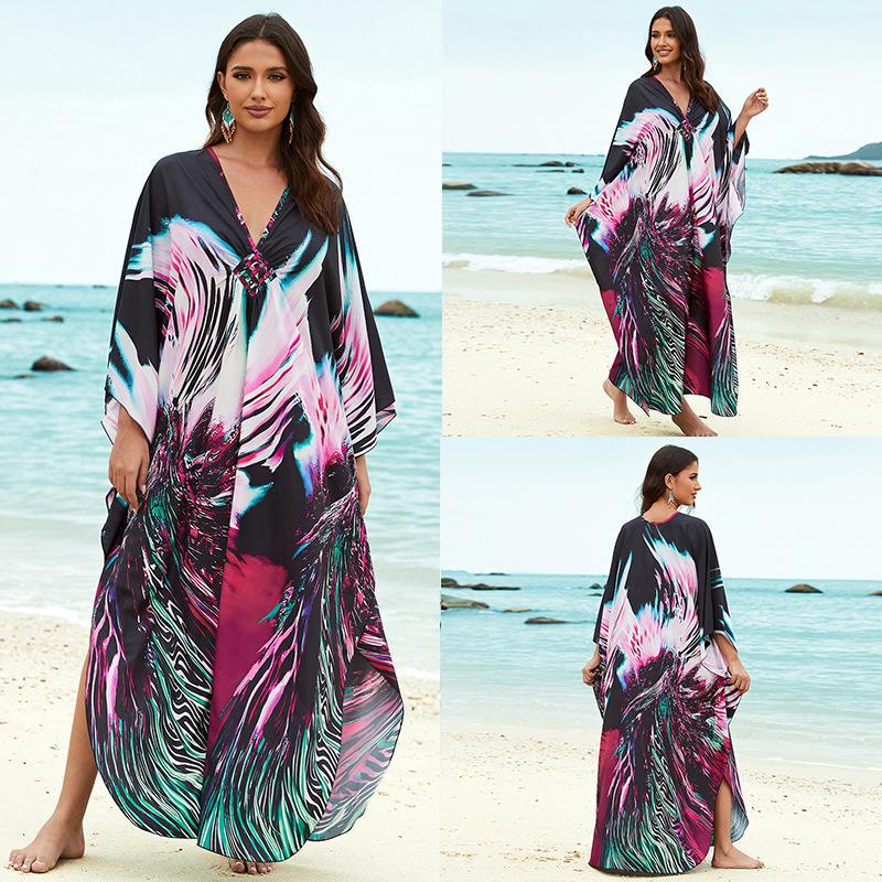 New Printed Chest Knitted Beach Cover Up Loose Oversized Vacation Sun Protection Shirt Bikini Cover Up