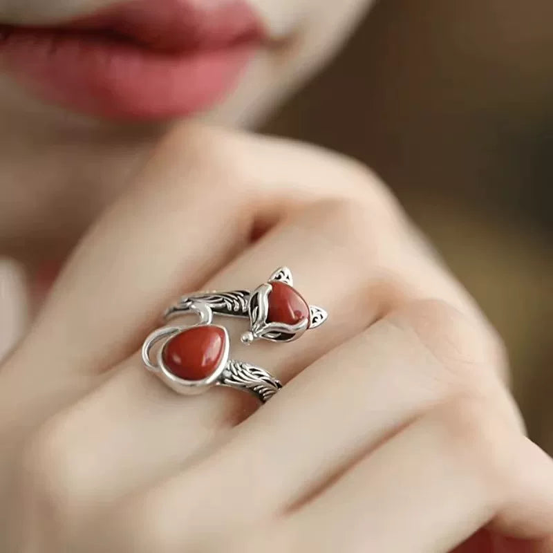 925 Silver Retro Ethnic Style Fox Ring Opening Adjustment Old Versatile Simple Jewelry