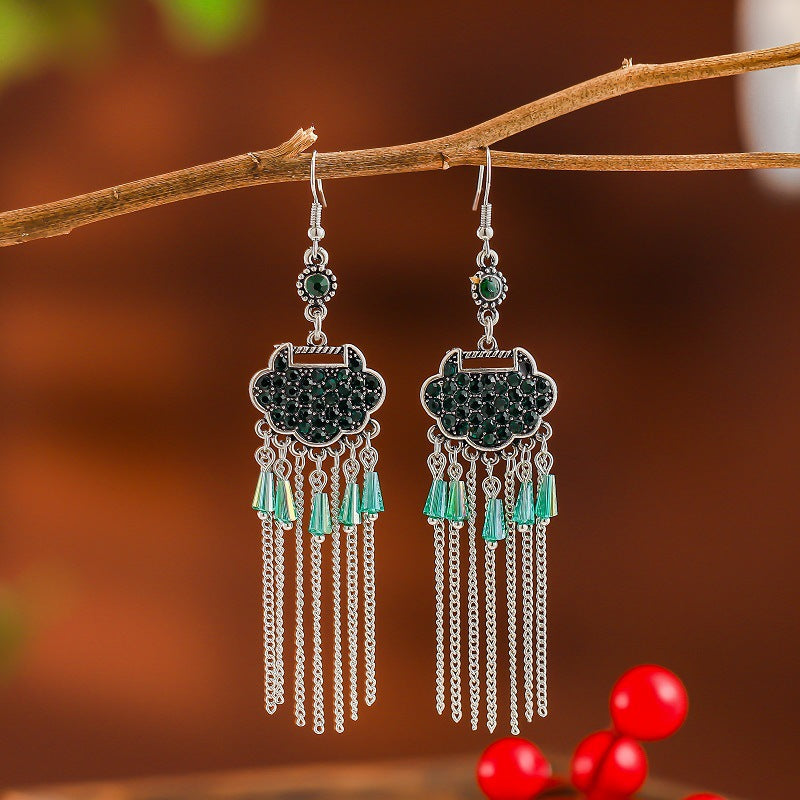 Creative Long Life Lock Retro Tassel Earrings Women's Full Diamond Long Style Temperament Earrings