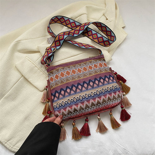 Small Fresh Ethnic Style Crossbody Bag for Women's New Fashion Versatile Wide Shoulder Strap Single Shoulder Bag Tassel Bucket Bag