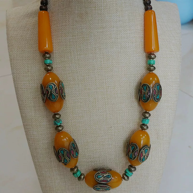 Ethnic Style Tibetan Accessories, Imitation Beeswax Oversized Nepalese Copper Bead Handmade Short Necklace, Sweater Chain