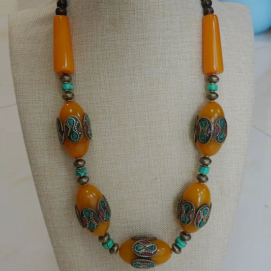 Ethnic Style Tibetan Accessories, Imitation Beeswax Oversized Nepalese Copper Bead Handmade Short Necklace, Sweater Chain