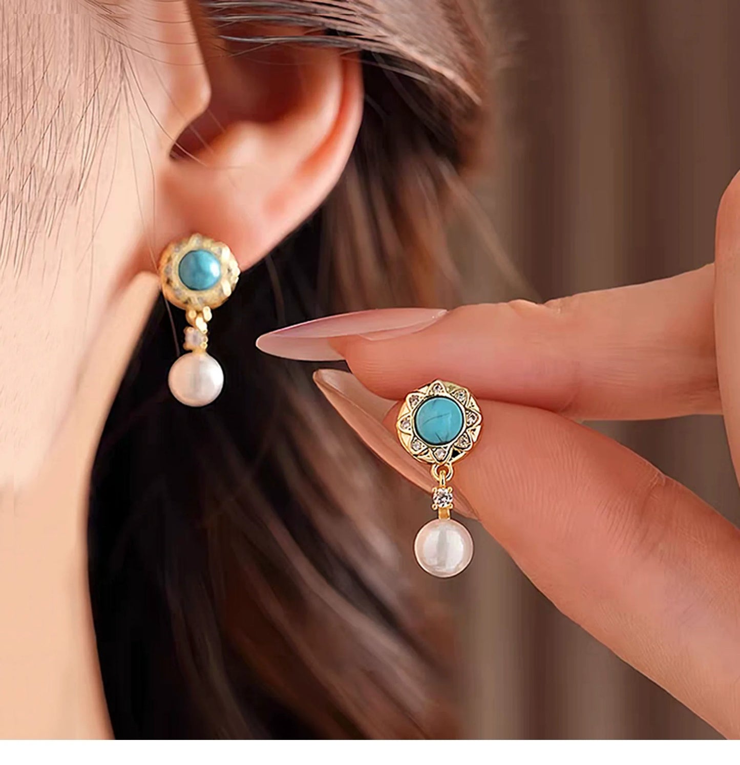 925 Silver Needle Turquoise Freshwater Pearl Earrings Women's Premium Light Luxury Niche Design Retro Anti-Allergy Earrings