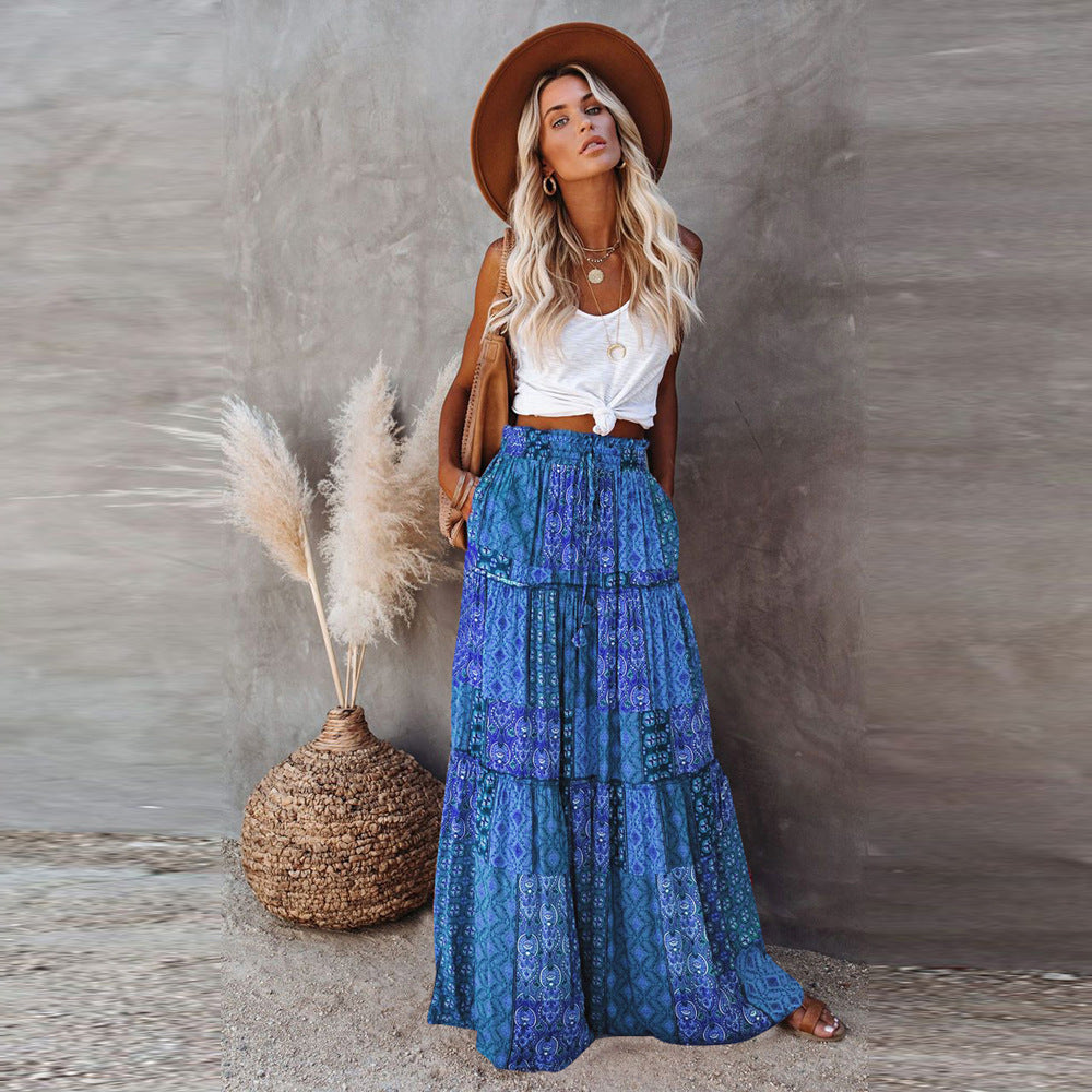 New Bohemian Style Skirt, Loose Fitting Casual High Waisted Long Skirt