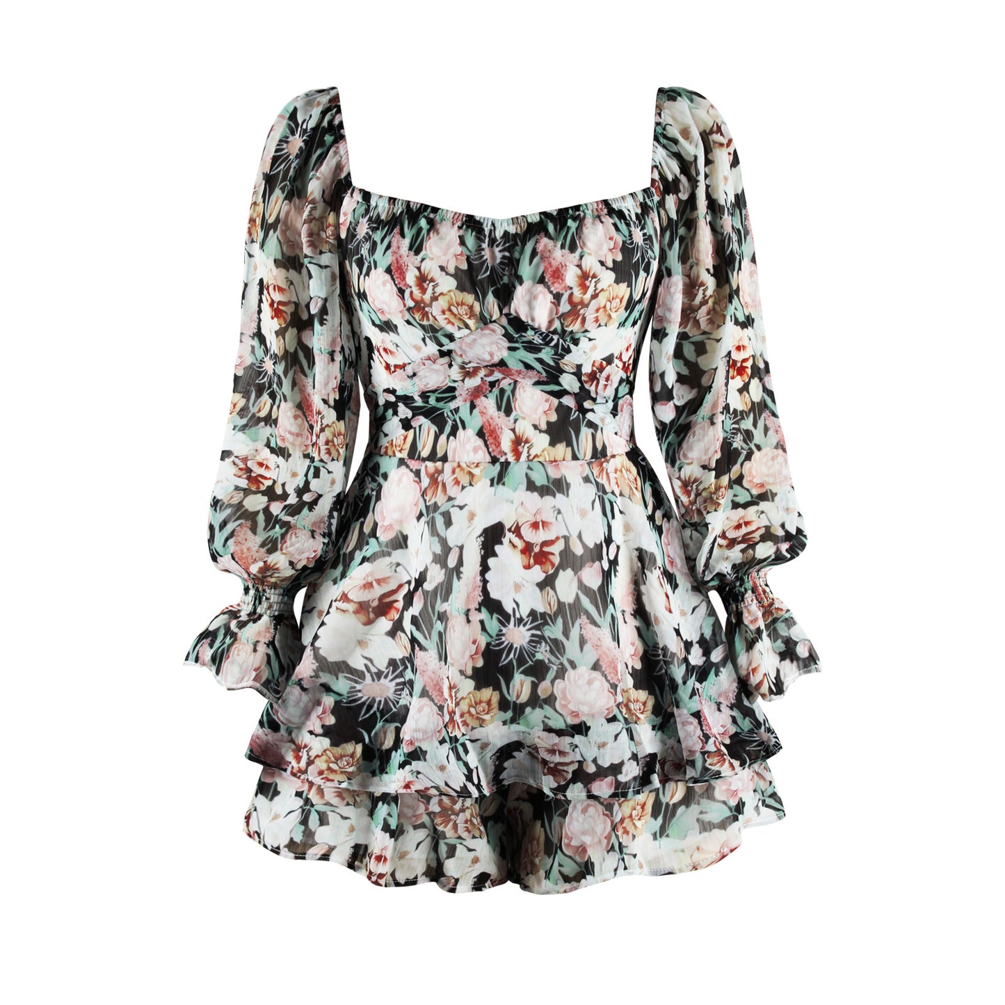 Floral Digital Print Women's Collar Zipper Strap Long Sleeved Jumpsuit