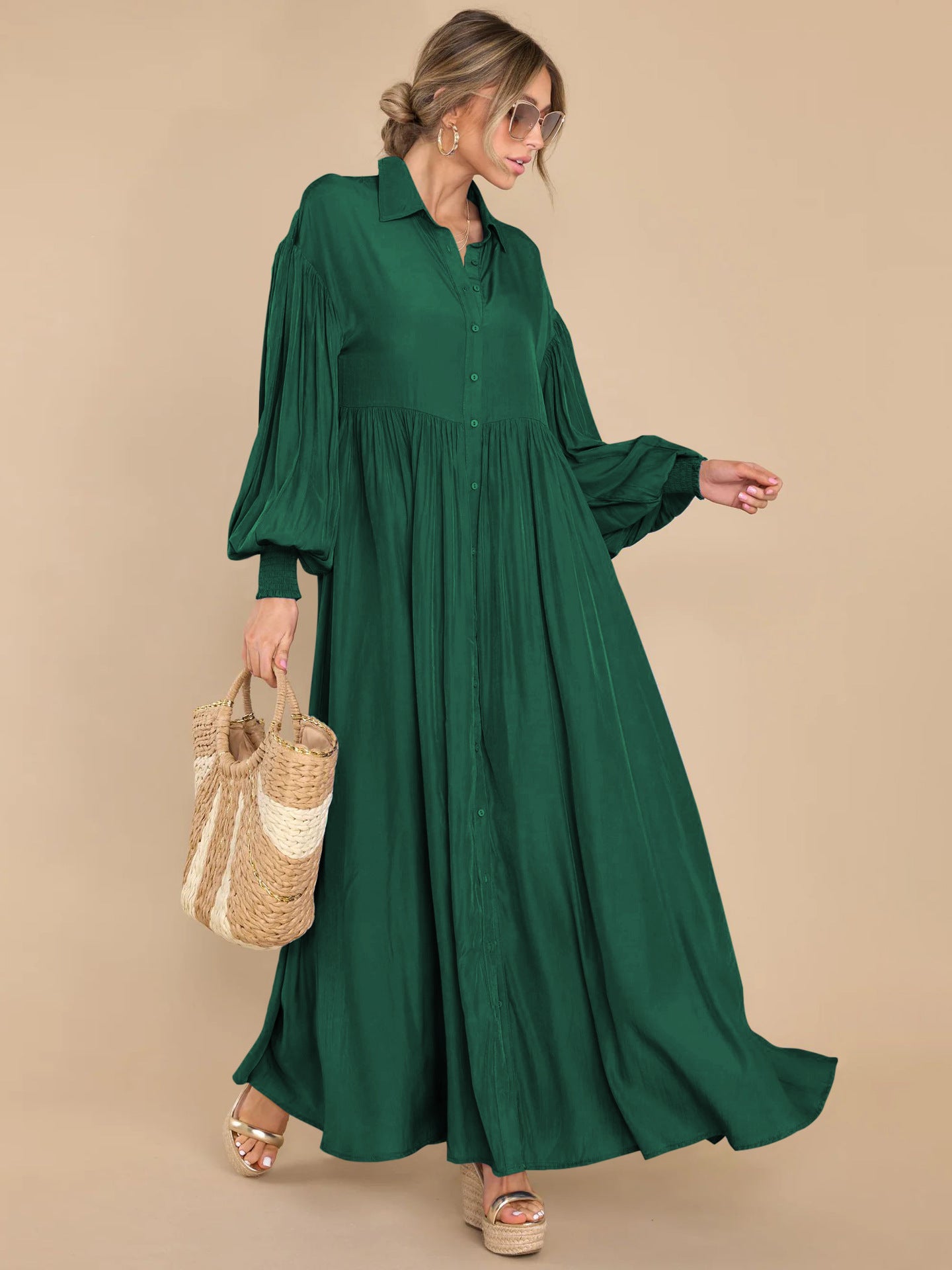 Autumn and Winter New Product Long Solid Color Dress Button Long Dress Loose Oversized Swing Skirt