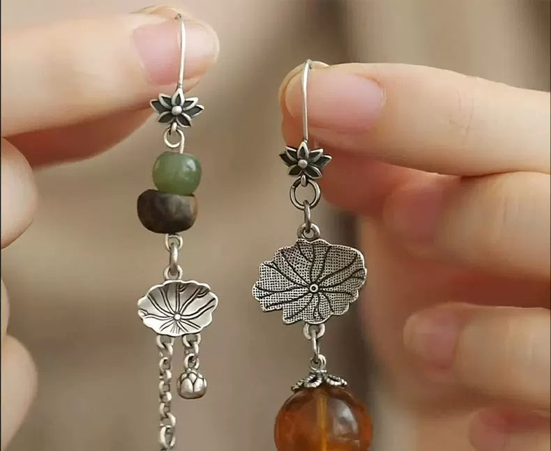 Retro 925 Silver Lotus Leaf Earrings Women's New Style Temperament Versatile Earrings Round Beads Irregular Earrings