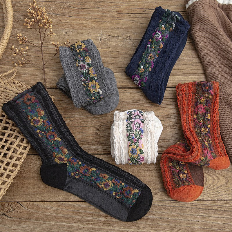 Twist Pattern Medium Tube Women's Literary Cotton Socks Ethnic Style Flower Dark Pattern Socks