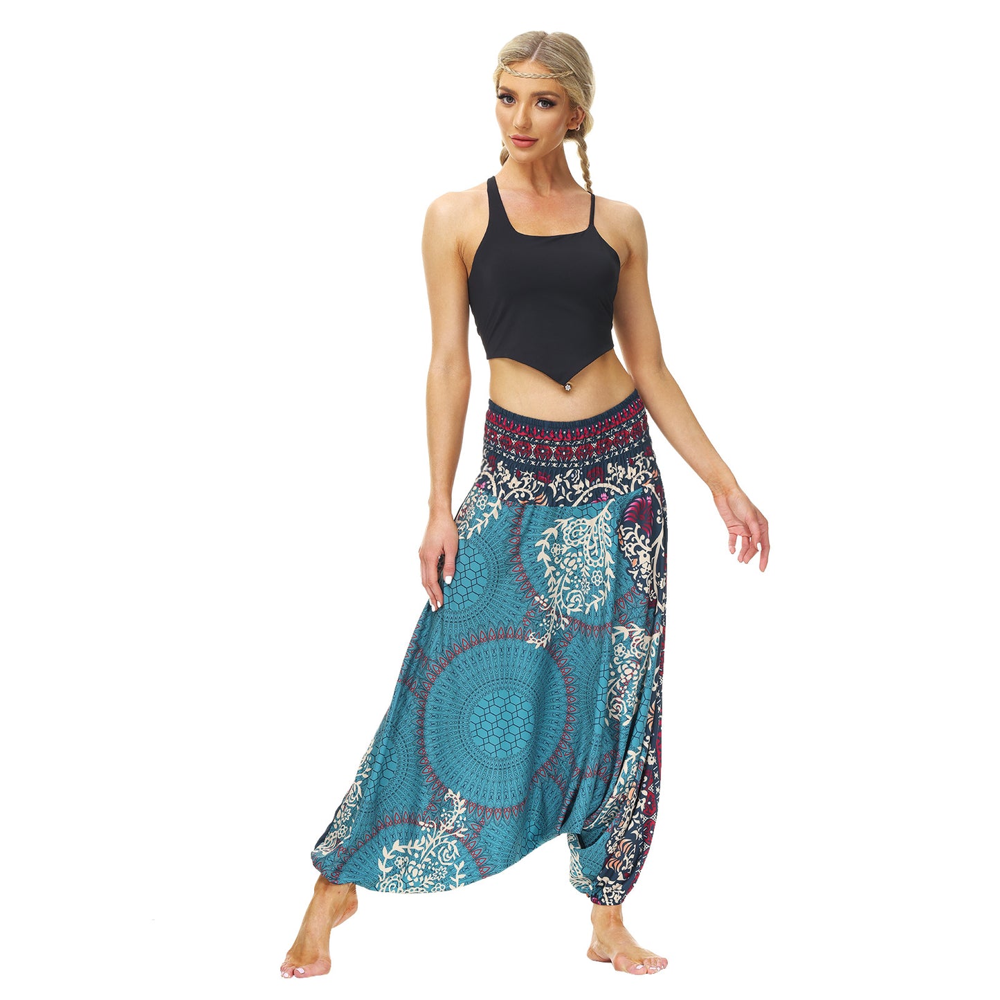 Popular Ethnic Style Printed Lantern Pants, Home Outdoor Yoga Pants, Elastic Waist Pants