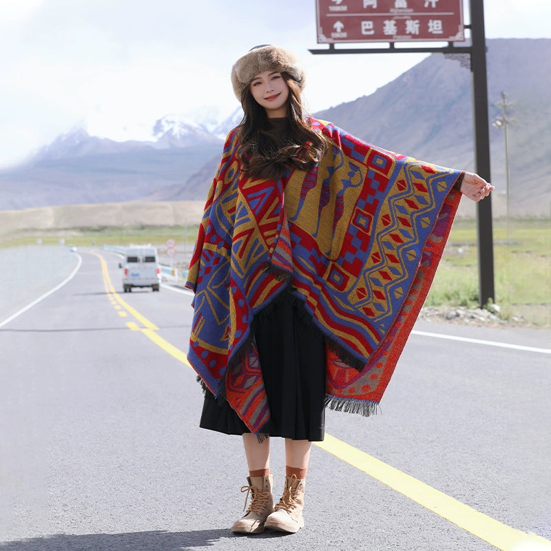 Autumn and Winter Ethnic Bohemian Warm Big Shawl Hooded Cape Scarf