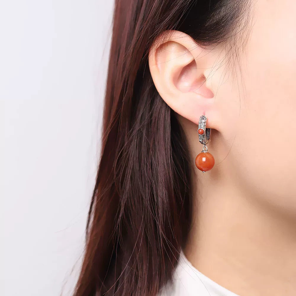 Ethnic Style Retro Classic Earrings with Red Beads Earrings Hollow Out Old Women's Temperament Ear Jewelry