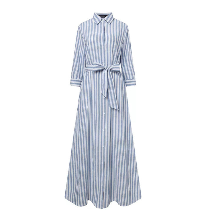 Cotton and Linen Yarn-dyed Sliver Women's Cardigan Belt High-end Loose Seven-quarter Sleeve Temperament Casual Dress
