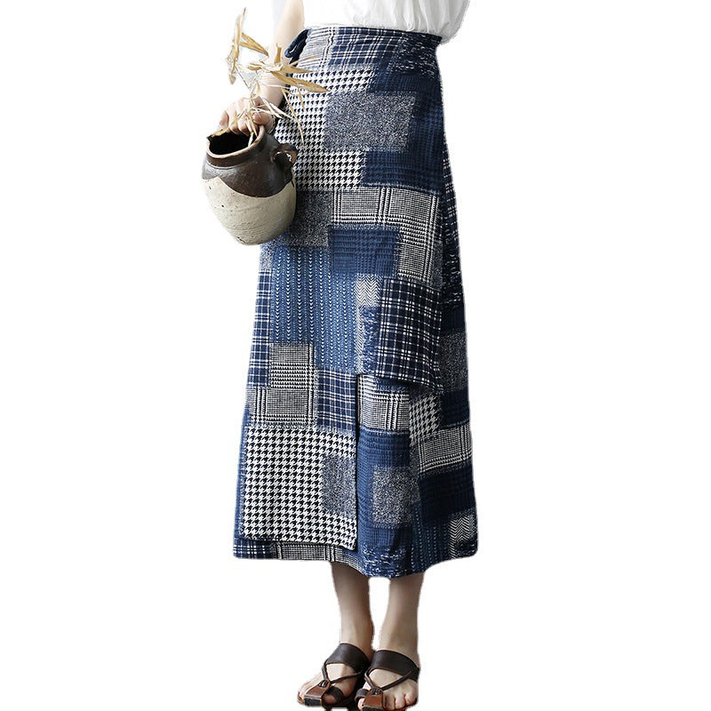 Original Retro Women's Half Length Skirt, Summer Mid Length Cotton and Linen Irregular Long Skirt