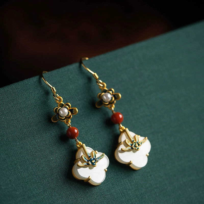 White Jade Clover S925 Silver Earrings with Oriental Classical Paintings, Southern Red Enamel Painted Earrings