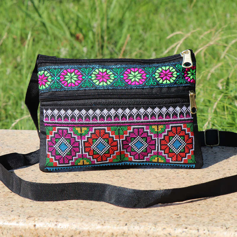 Ethnic Embroidery Single Shoulder Crossbody Bag Double Layer Zipper Bag