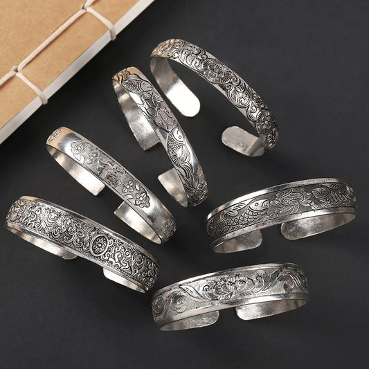 Handmade Miao Silver Old Bracelet Female Ethnic Style Retro Court Chinese Sculpture Ancient Silver Bracelet Personality Exotic Bracelet