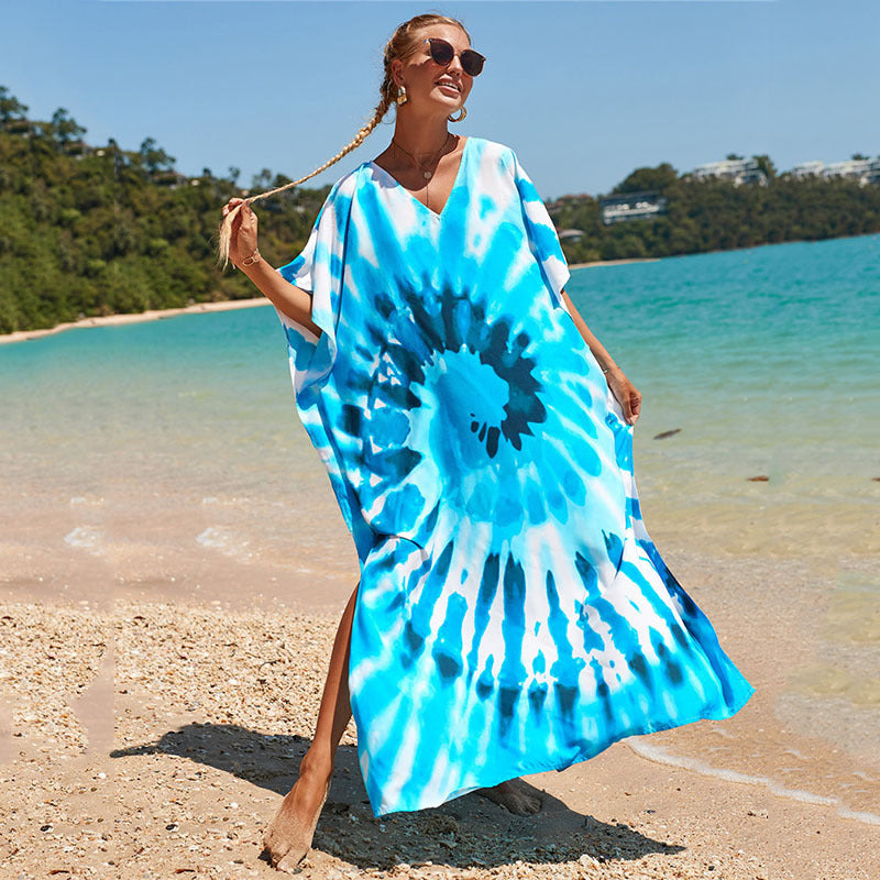 Hot Cotton Watermark Printed Beach Cover Up Robe Style Beach Vacation Sun Protection Bikini Cover Up