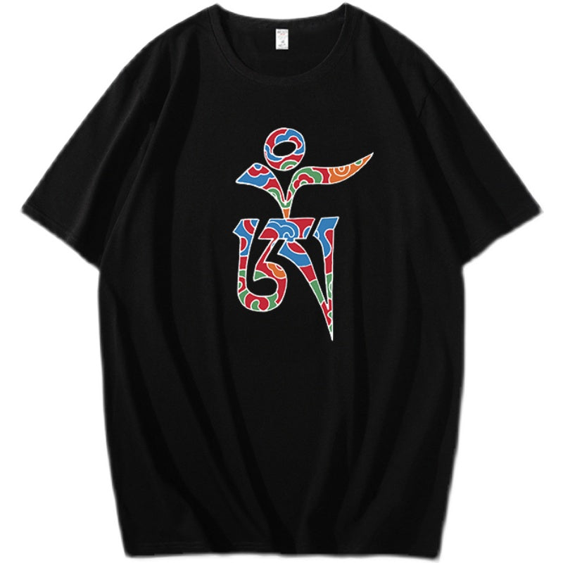 Tibetan Culture T-shirt, Tibetan Totem, Eight Auspicious Characters, Six True Words, Short Sleeved Tibetan Clothing, Yak Clothing