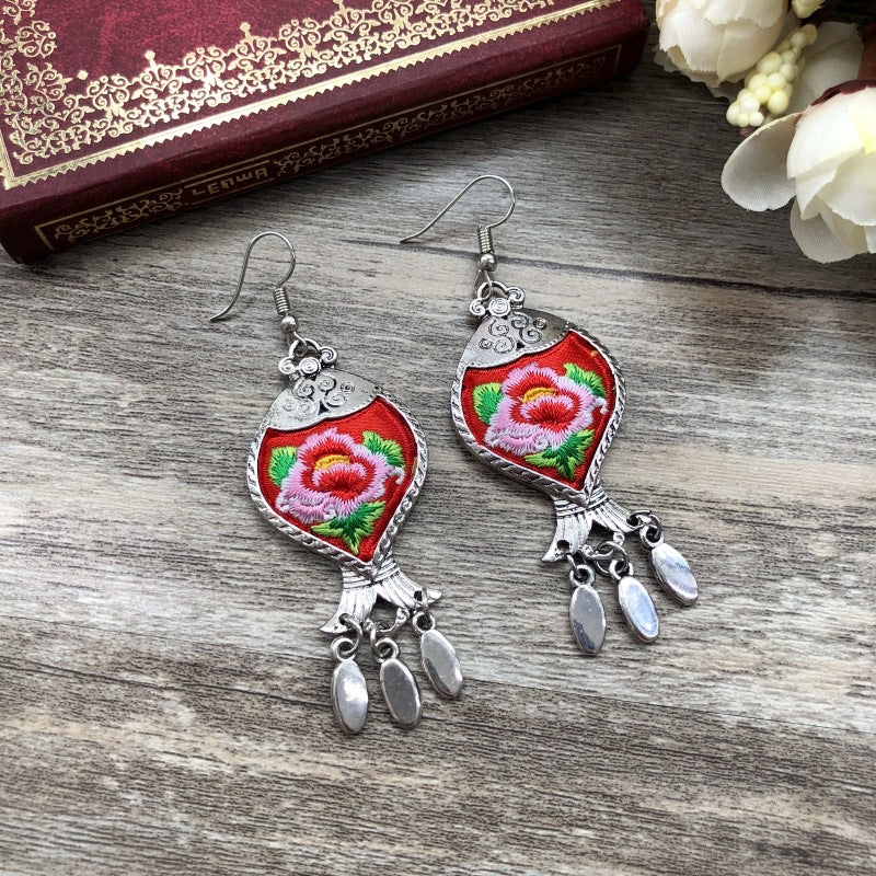 National Style Embroidered Tassel Earrings Retro Fashion Chime Earrings Ethnic Style Versatile Earrings