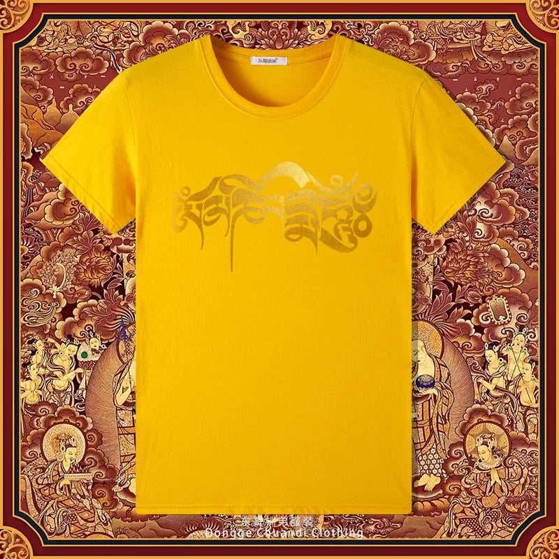 Six-character Mantra Tibetan Summer Men's and Women's Same Cotton Short-sleeved T-shirt Round Neck New Clothes Buddhist Cultural Shirt