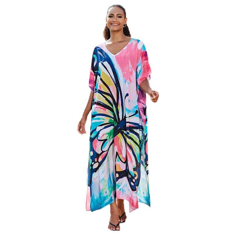 Cotton Watermark Printed Beach Blouses Robe-style Holiday Sunscreen Blouses Bikini Blouses