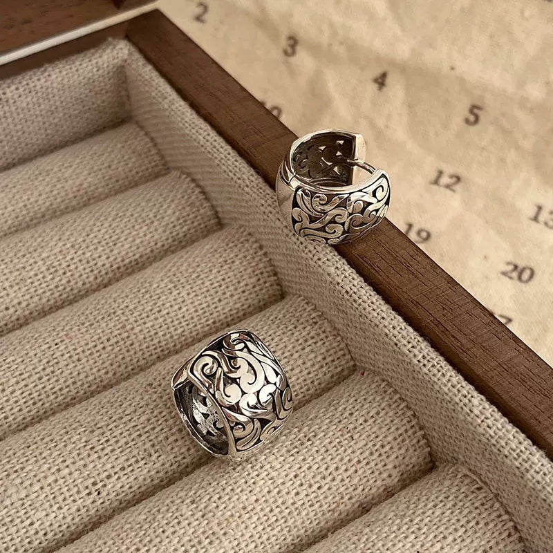 Cloud Ear Buckle Tibetan Style Retro Old Thai Silver Tang Grass Pattern Earrings