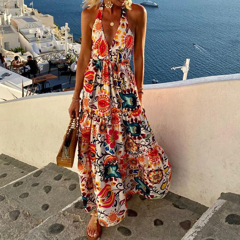 Summer New Style Fashion Deep V Halterneck Open Back Sleeveless Print Resort Beach Dress