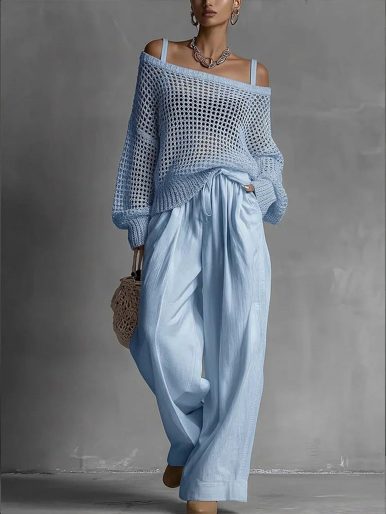 Popular Women's Comfortable Hollow Knitted Top and Linen Pants Two-piece Set